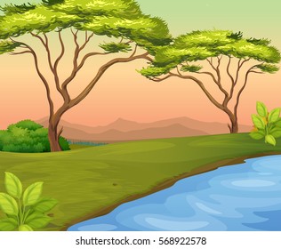 River scene with trees in the field illustration