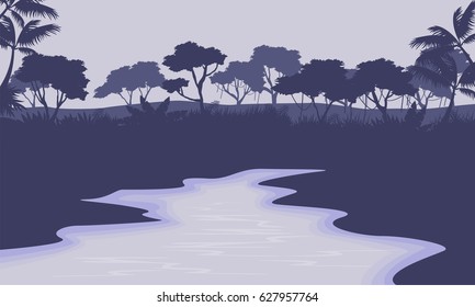 River scenery with forest silhouette