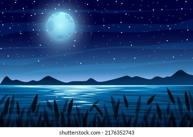 River Scenery with Full Moon Night Background