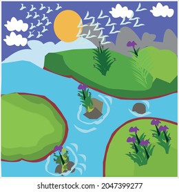river scenery vector image for company. river scenery vector art icon graphic.vector beautiful river