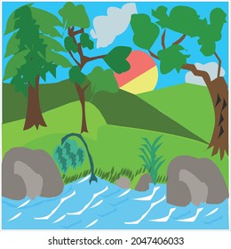 river scenery vector image for company.river scenery vector art icon graphic.vector beautiful river