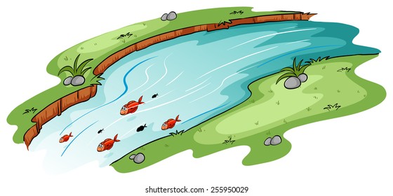 A river with a school of fish on a white background