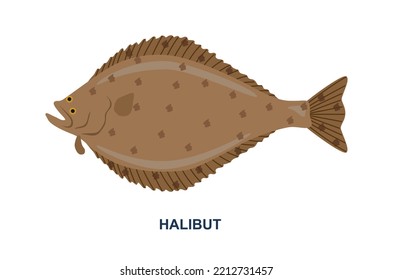 River or sea fish. Brown large halibut with spotted scales. Delicious fresh seafood for cooking. Design element for online supermarket. Cartoon flat vector illustration isolated on white background