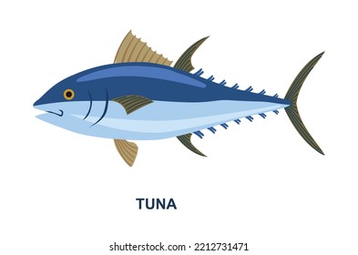 River or sea fish. Poster with blue edible seafood. Sticker with delicious fresh tuna or mackerel. Design element for infographics. Cartoon flat vector illustration isolated on white background