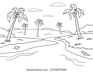River sea graphic black white landscape sketch illustration vector