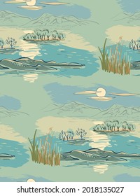 river sea view japanese chinese design sketch ink paint style seamless