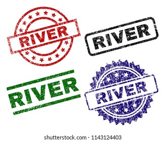 RIVER seal prints with distress surface. Black, green,red,blue vector rubber prints of RIVER label with grunge surface. Rubber seals with round, rectangle, rosette shapes.