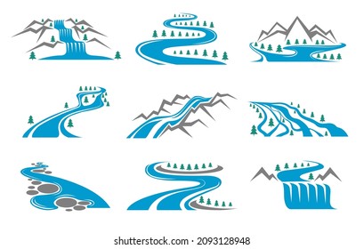 River shape icons. Outdoor rivers landscapes icon set with sunrise mountains forest, journey water relaxing symbols, vector illustration