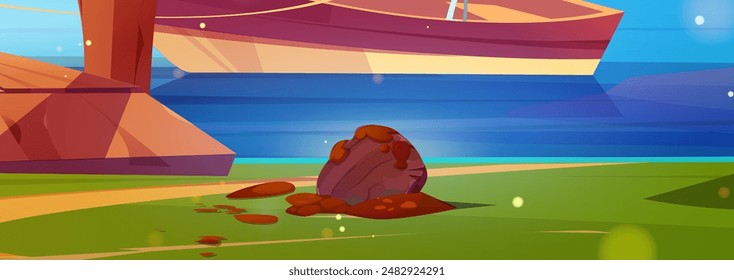 In: River Shore Cartoon. Rock auf Meeresküste Landschaftshintergrund. Panoramalandschaft am See. Sommer Flussufer und Boot Amazon Natur Design. Abstrakte Spielbucht mit Stein und Holzpfeiler