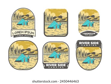 River side camping. Vintage outdoor illustration badge design