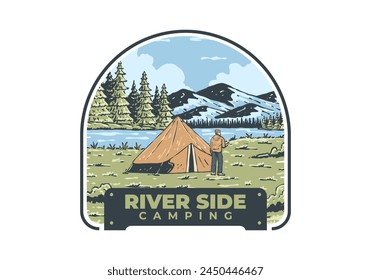 River side camping. Vintage outdoor illustration badge design