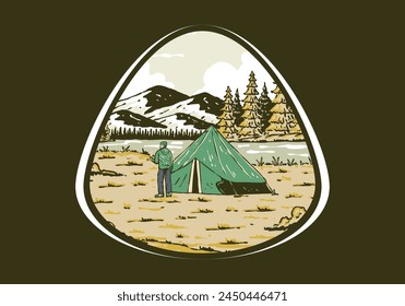 River side camping. Vintage outdoor illustration badge design