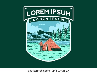 River side camping. Vintage outdoor illustration badge design