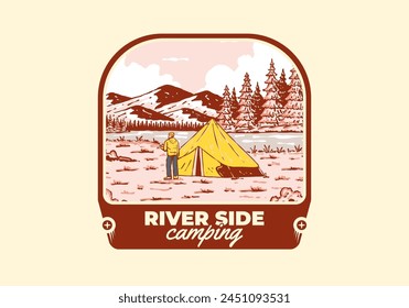 River side camping. Vintage outdoor illustration badge design