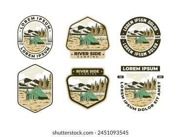 River side camping. Vintage outdoor illustration badge design
