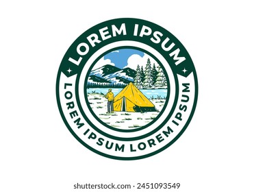 River side camping. Vintage outdoor illustration badge design