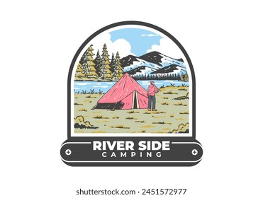 River side camping. Vintage outdoor illustration badge design