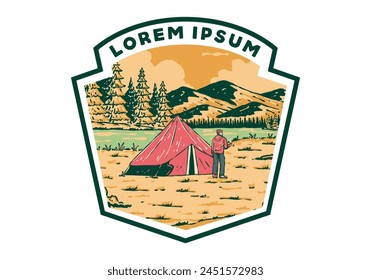 River side camping. Vintage outdoor illustration badge design