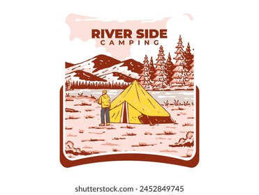 River side camping. Vintage outdoor illustration badge design