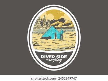 River side camping. Vintage outdoor illustration badge design