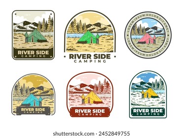 River side camping. Vintage outdoor illustration badge design
