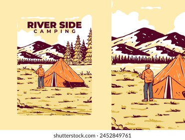 River side camping. Vintage outdoor illustration badge design