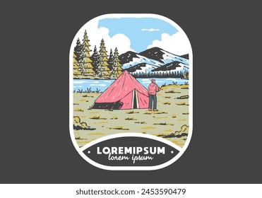 River side camping. Vintage outdoor illustration badge design