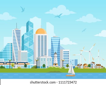 River side landscape with skyscrapers, private houses, subway, boat and windmills. City and suburb vector illustration