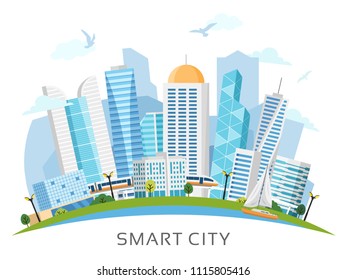 River side smart city landscape arranged in arch with skyscrapers, subway, boat. Vector illustration