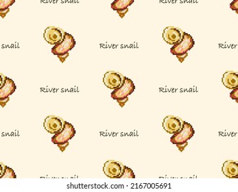 River snail cartoon character seamless pattern on yellow background. Pixel style