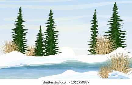 River in the spring. Shore in the snow, spruce trees, dry grass. Melting ice on the river. Spring creek. The nature of Europe and America. Realistic Vector Landscape