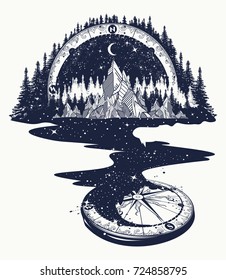 River of stars flows from the mountains and compass, tattoo art. Infinite space, meditation symbols, travel, tourism. Endless universe concept 