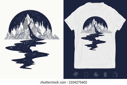 River of stars flows from the mountains. Endless universe t-shirt design, surreal graphics. Vector graphics template. Tattoo art. Infinite space. Meditation symbols, travel and tourism 