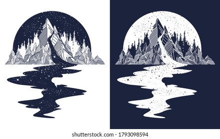 River of stars flows from the mountains. Tattoo art. Infinite space. Meditation symbols, travel and tourism. Endless universe t-shirt design, surreal graphics. Black and white vector 