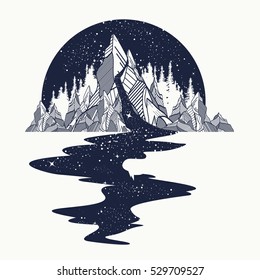 River of stars flows from the mountains, tattoo art. Infinite space, meditation symbols, travel, tourism. Endless universe concept. Mountains t-shirt design, surreal graphics.