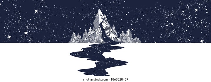 River of stars, mountain and night sky. Black and white surreal graphic. Infinite space, meditation art, travel and tourism style. Endless universe concept 