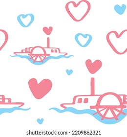 River Steamboat  With Pipe And Water Wheel Seamless Pattern. Hand Drawn Vector Illustration. Suitable For Web Background, Gift Paper, Fabric Or Textile.