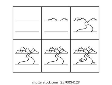 River. Step by step drawing. Coloring page, coloring book page. Black and white vector illustration.
