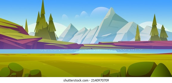 River with stone shore in mountain valley. Vector cartoon illustration of summer landscape, scandinavian nature scene with water stream, green grass, firs and rocks