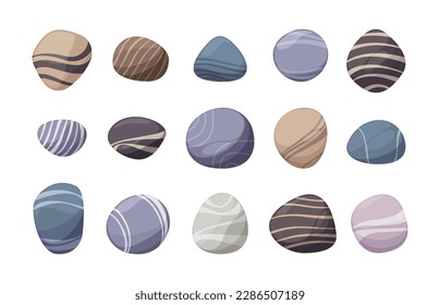 River stones. Colorful rounded pebbles in various colors and shapes for for decoration or landscaping, smooth under the sea stone set. Vector collection. Natural underwater solid rubble