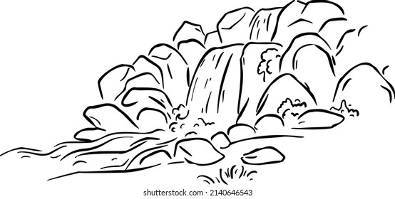 River with stones and grass hand draw vector illustration art