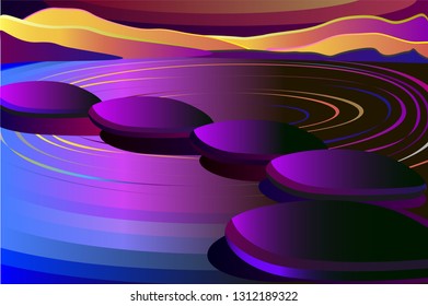 River with stones landscape flat vector gradient color illustration. Evening landscape at sunset cartoon background. Asian motifs. Panoramic scene. Nature. vector graphic