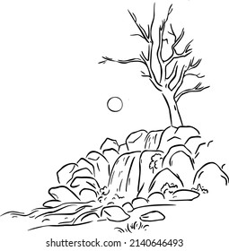 River with stones under a tree hand draw vector illustration art