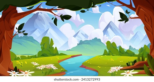 Río fluyendo de las montañas a praderas con hierba verde y bosque con árboles. Caricatura vectorial paisaje de verano con colinas en el horizonte, flores a orillas de río y bosques con follaje.