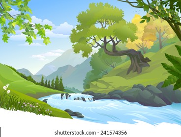 River stream flowing through a lush green forest