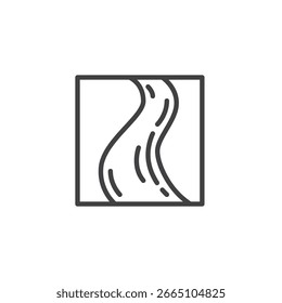 River stream line icon. Outline vector icon of wavy river lines between banks. Nature icon symbol representing water and flowing landscape.