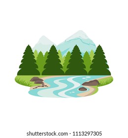 River Stream in Pine Forest Mountain Landscape Vector