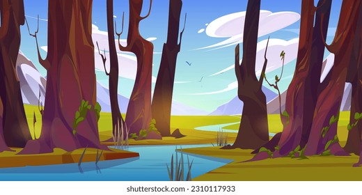 River in summer forest and mountain nature vector cartoon landscape. Green grass under tree scene and beautiful flowing stream near meadow. Empty wild woods panoramic wilderness environment backdrop