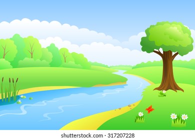 River summer landscape day illustration vector