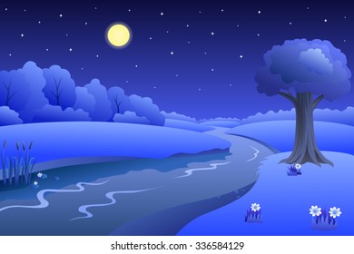 River summer landscape night illustration vector